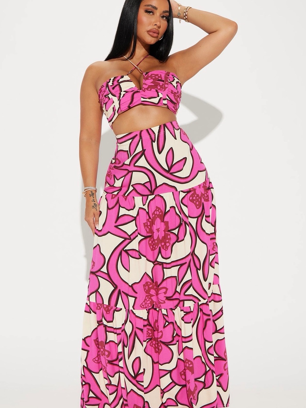 Fashion Nova Pink and Cream Floral Strapless Skirt Set